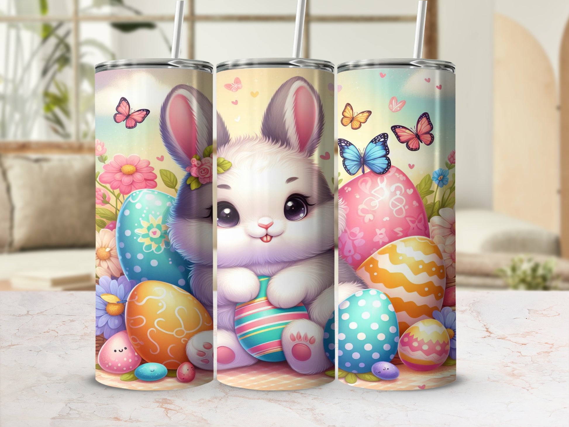 Cute Easter bunny holding an egg, surrounded by colorful eggs and butterflies.