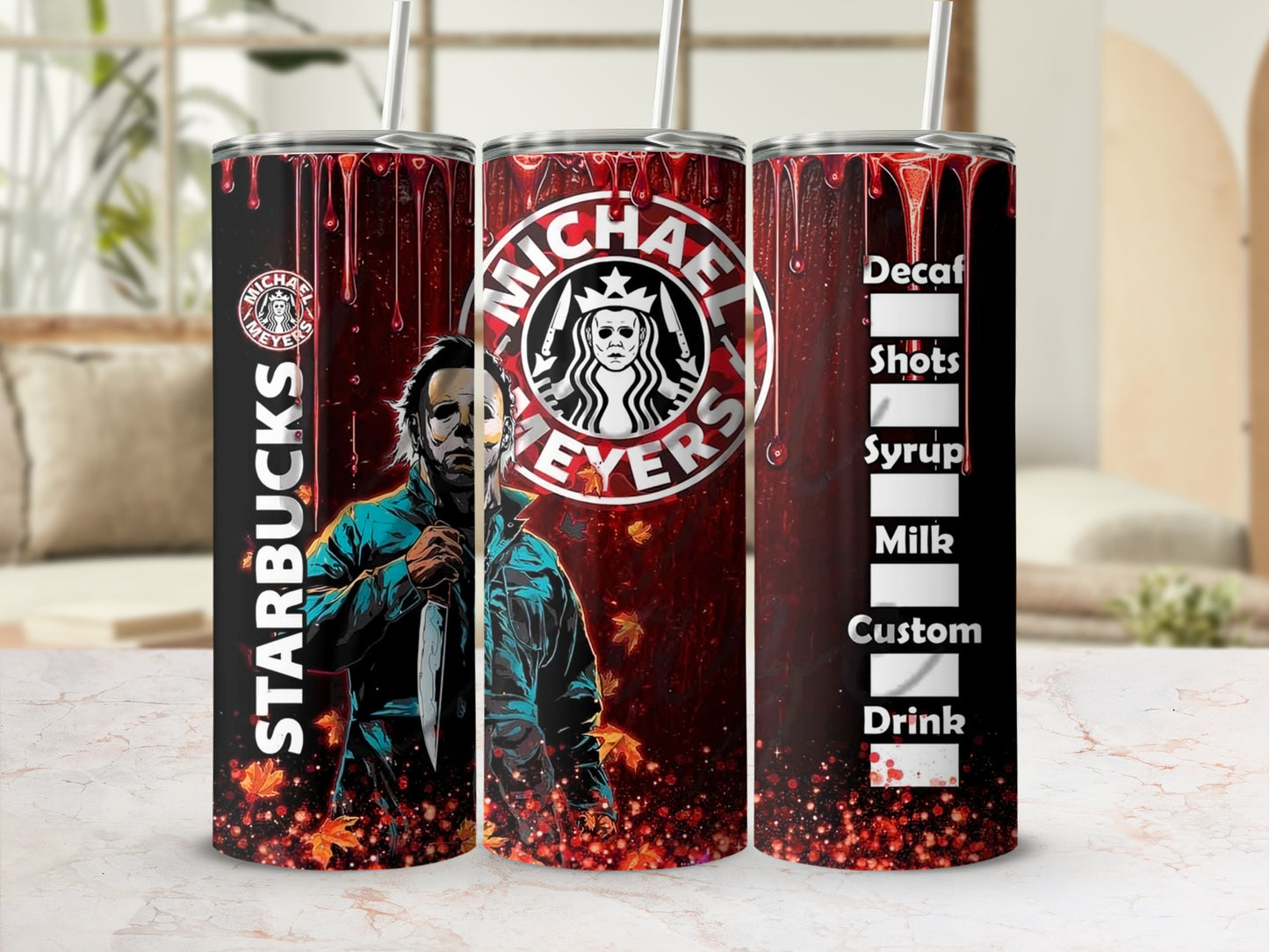 Michael Myers Halloween Starbucks tumbler with drink customization options.