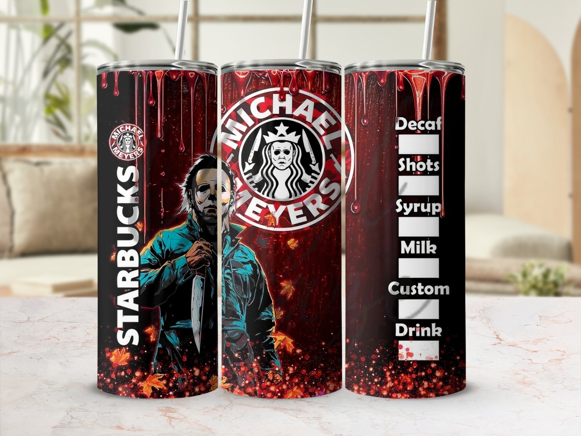 Michael Myers Halloween Starbucks tumbler with drink customization options.
