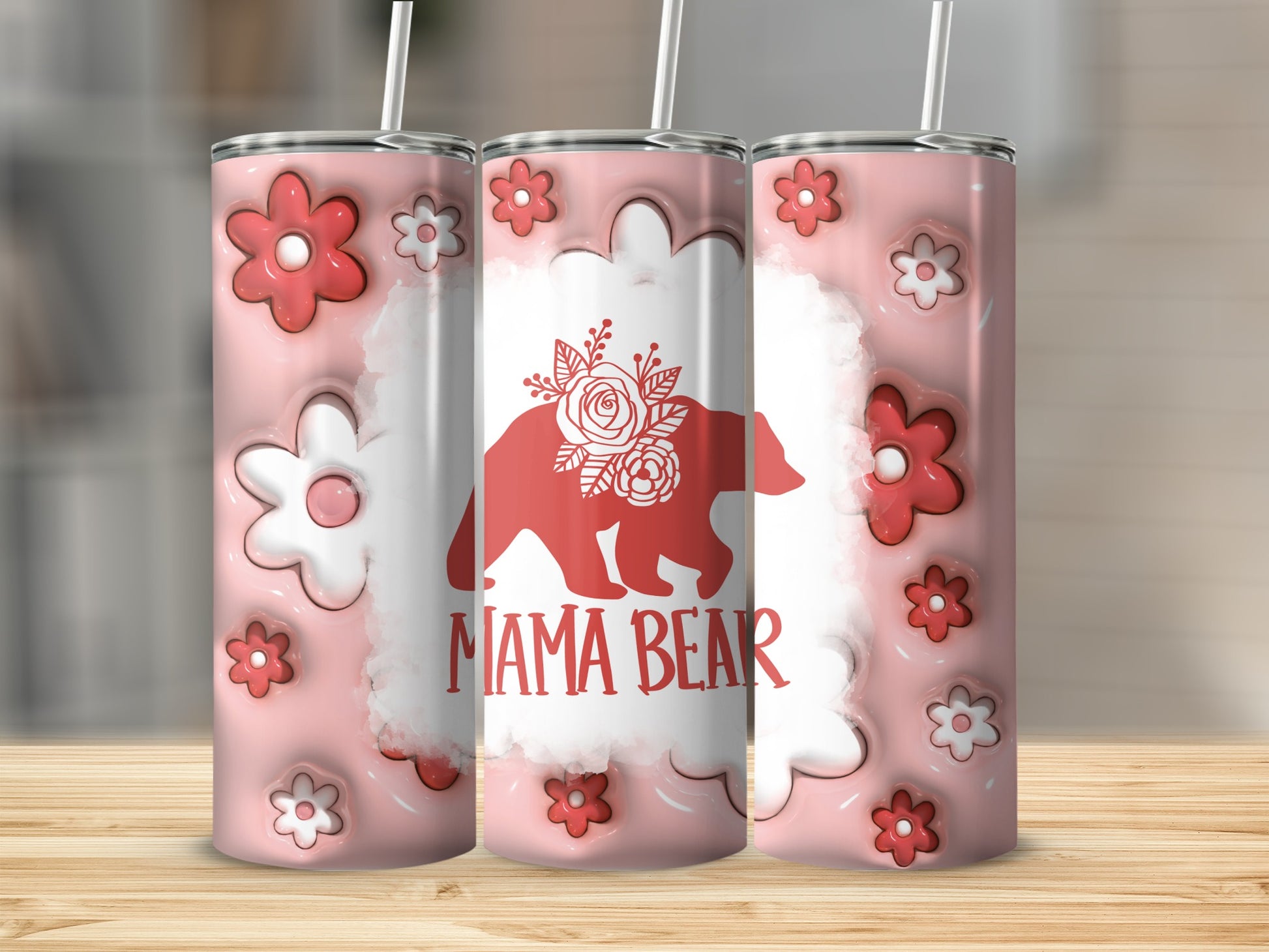 Mama Bear Floral Design Pink and White Tumbler