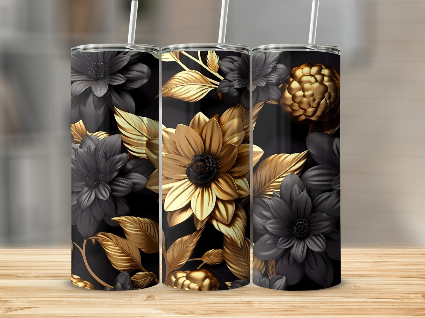 Elegant Black and Gold Floral Design Tumbler