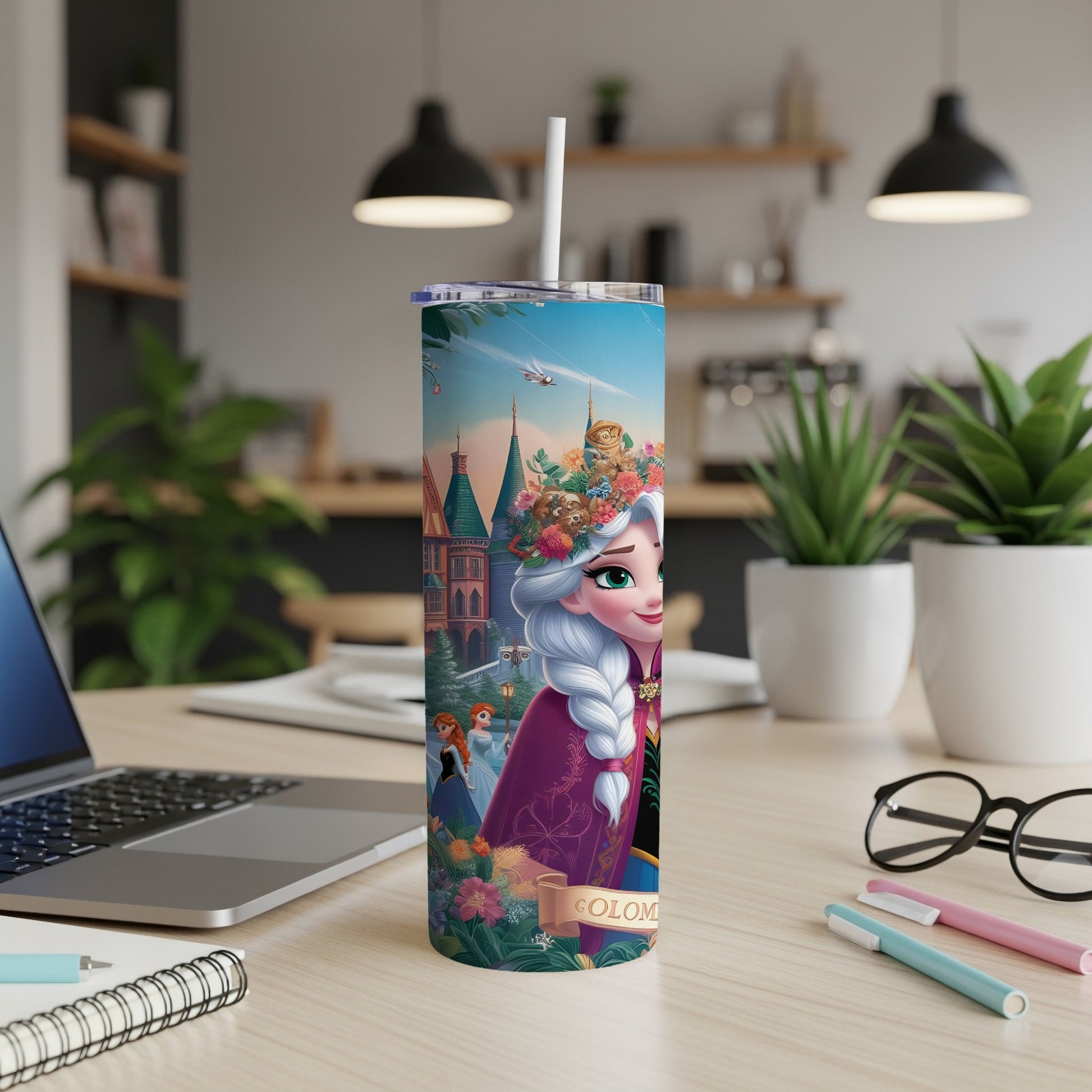 Queen Elsa with flowers and castle on a skinny tumbler.