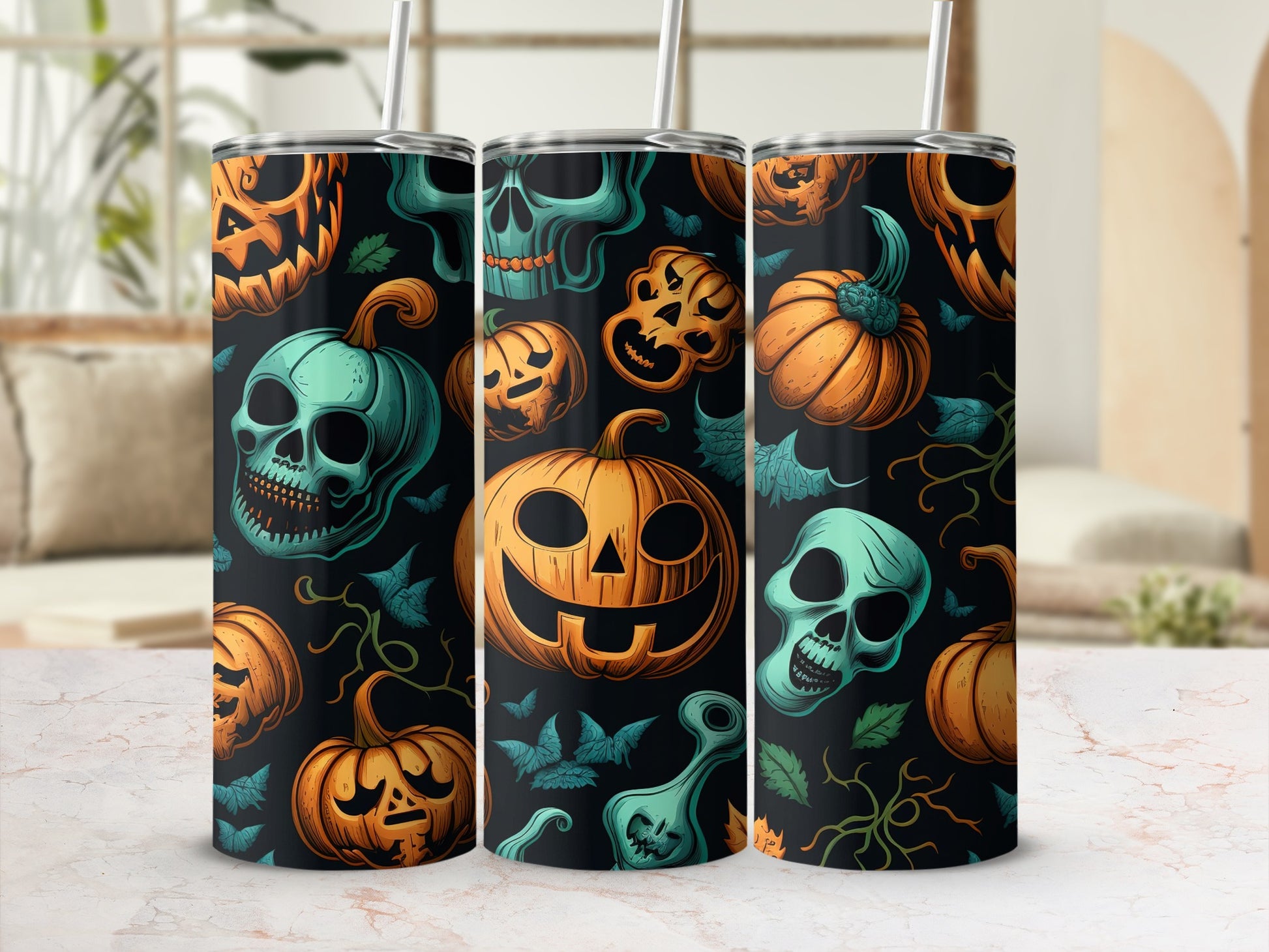 Halloween Skull and Pumpkin Design Tumbler Product