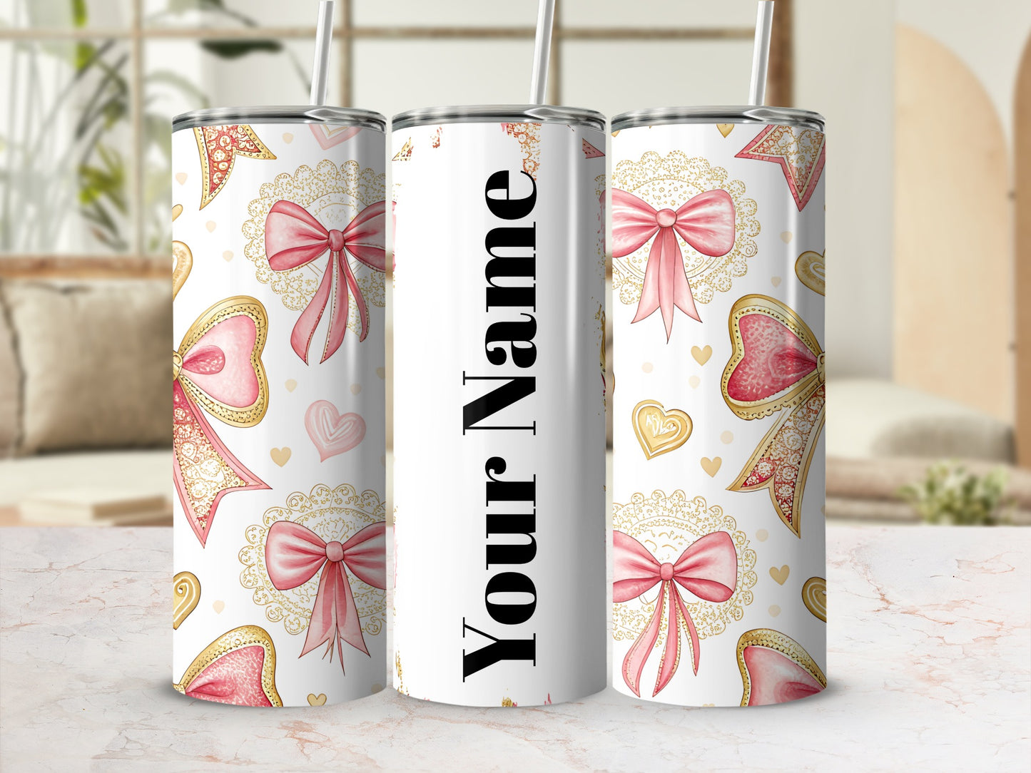 Personalized Pink Heart and Bow Tumbler Cup Gift