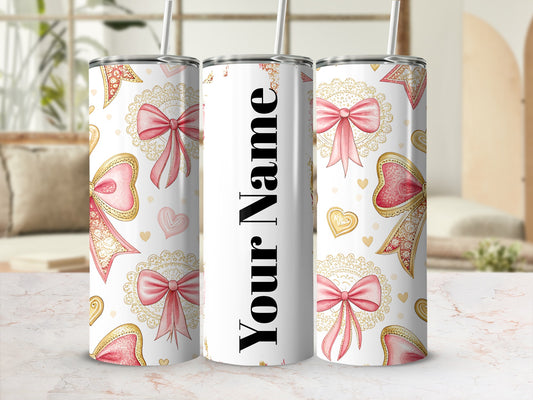 Personalized Pink Heart and Bow Tumbler Cup Gift