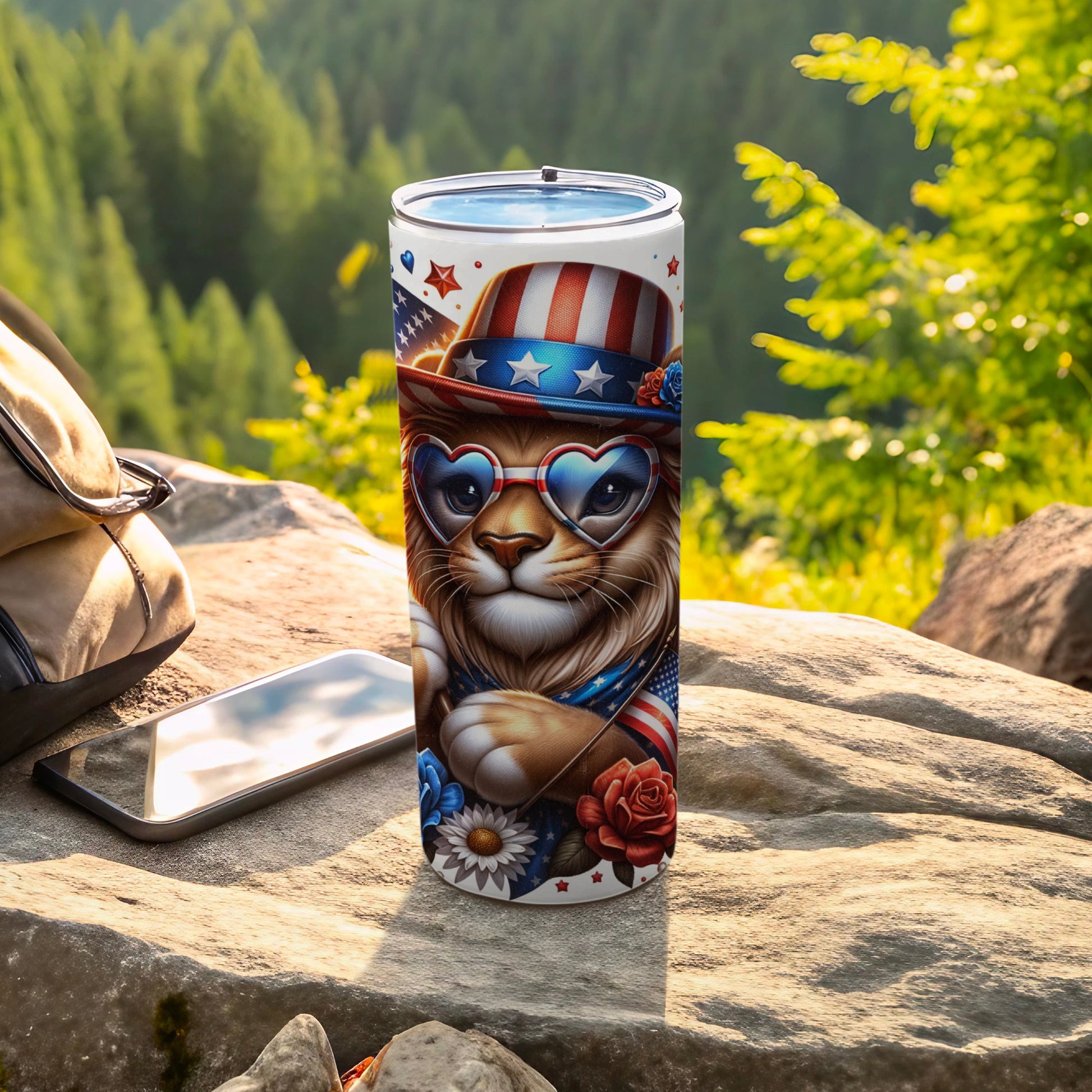 Lion wearing heart-shaped sunglasses and a patriotic hat, holding a flag.