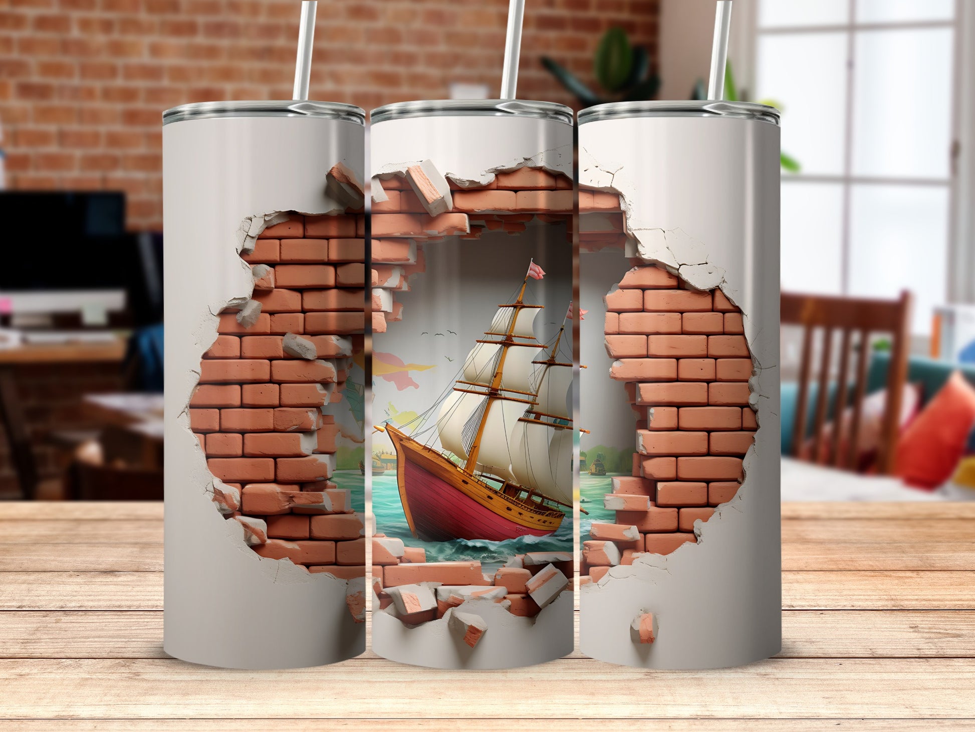 3D Brick Wall Break Ship at Sea Tumbler product