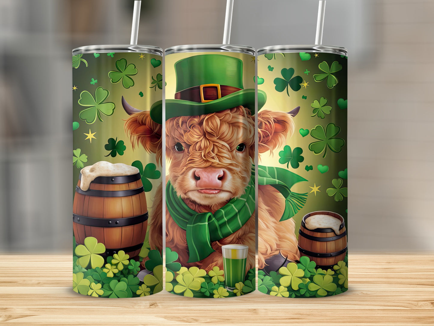 Highland cow in a green hat and scarf with shamrocks and beer barrels.