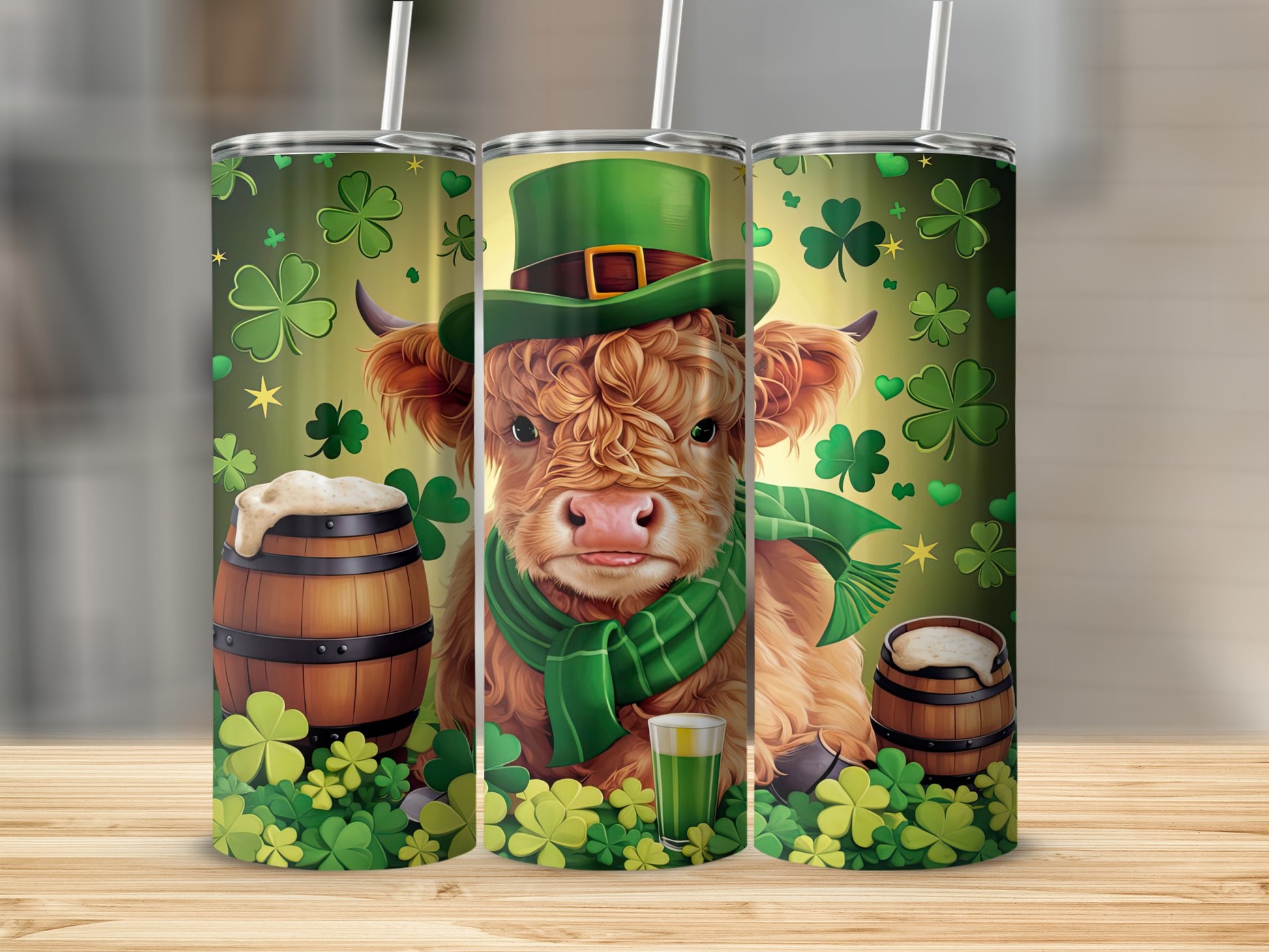 Highland cow in a green hat and scarf with shamrocks and beer barrels.
