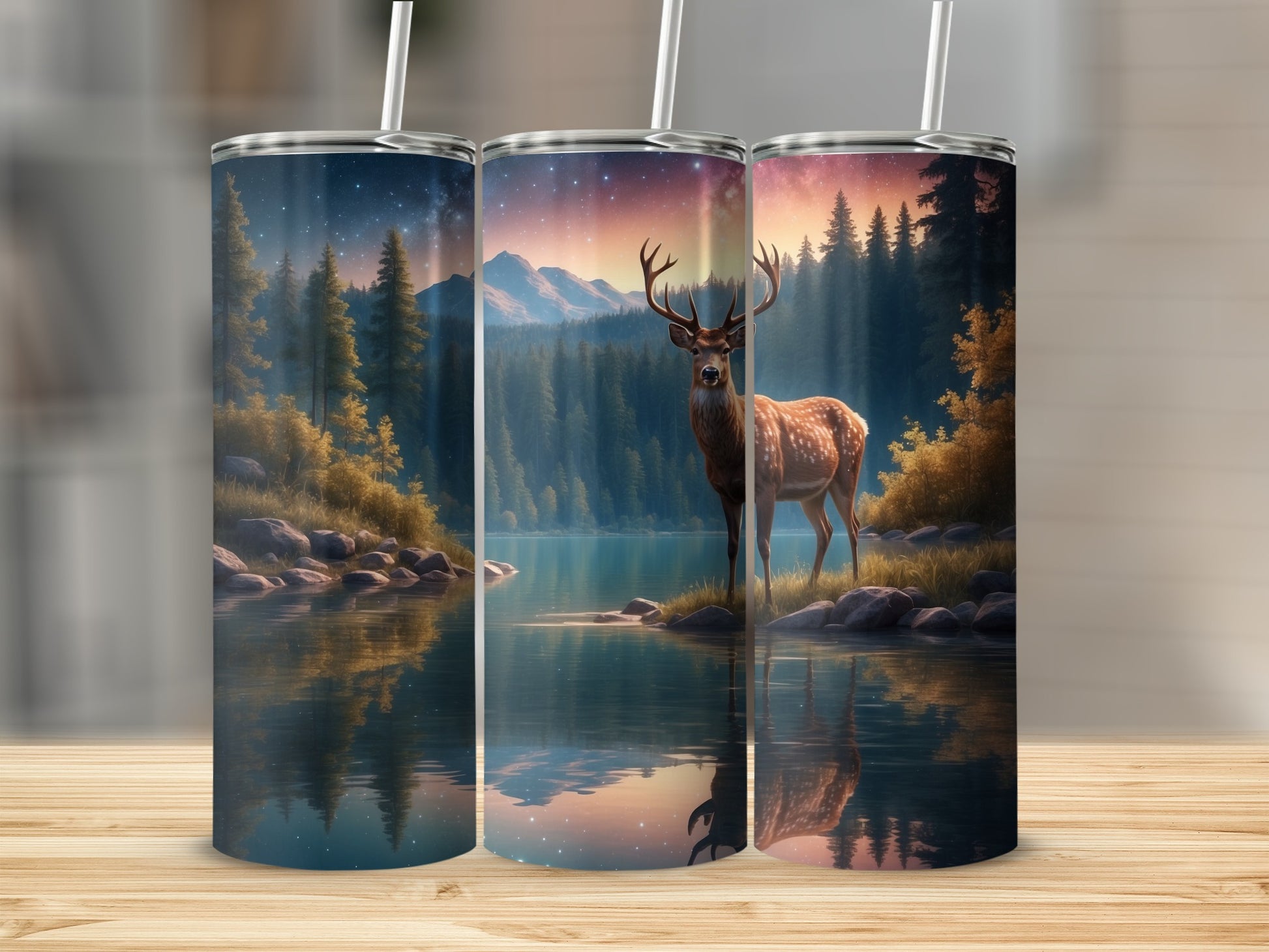 Tumbler with deer in forest by lake, starry night sky.