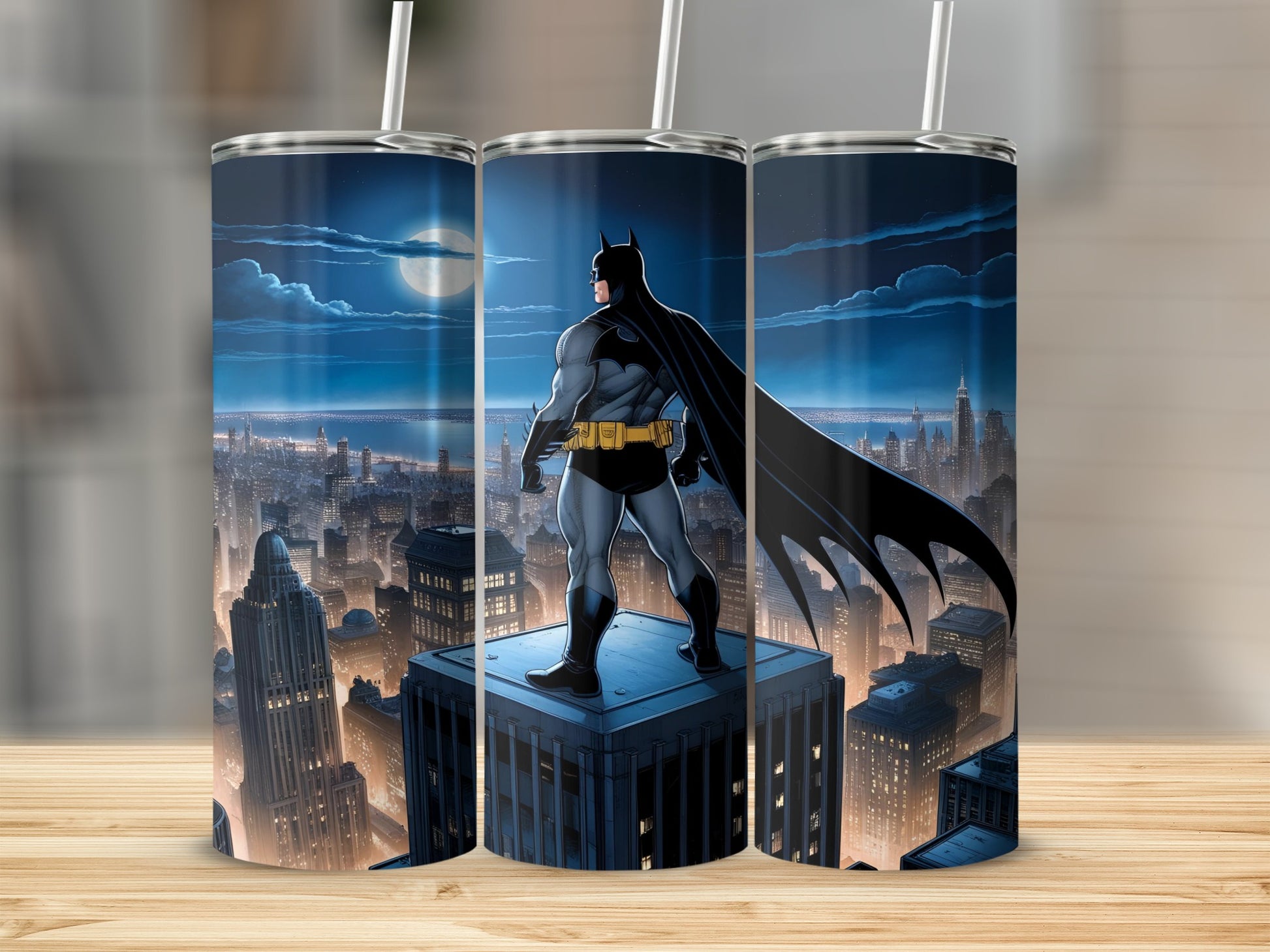 Batman stands on a skyscraper overlooking a nighttime city skyline.