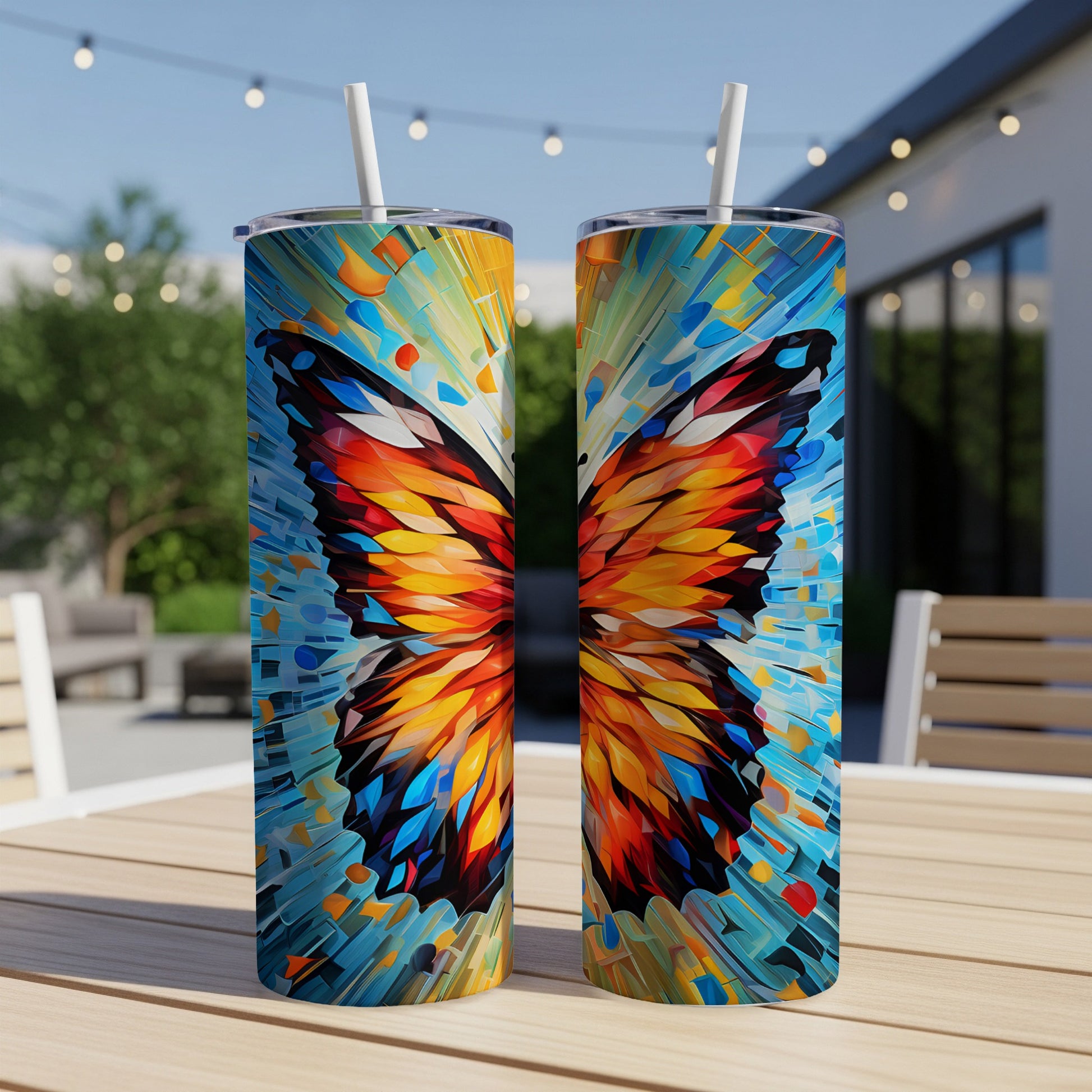 Two tall tumblers with colorful stained-glass butterfly wing design.