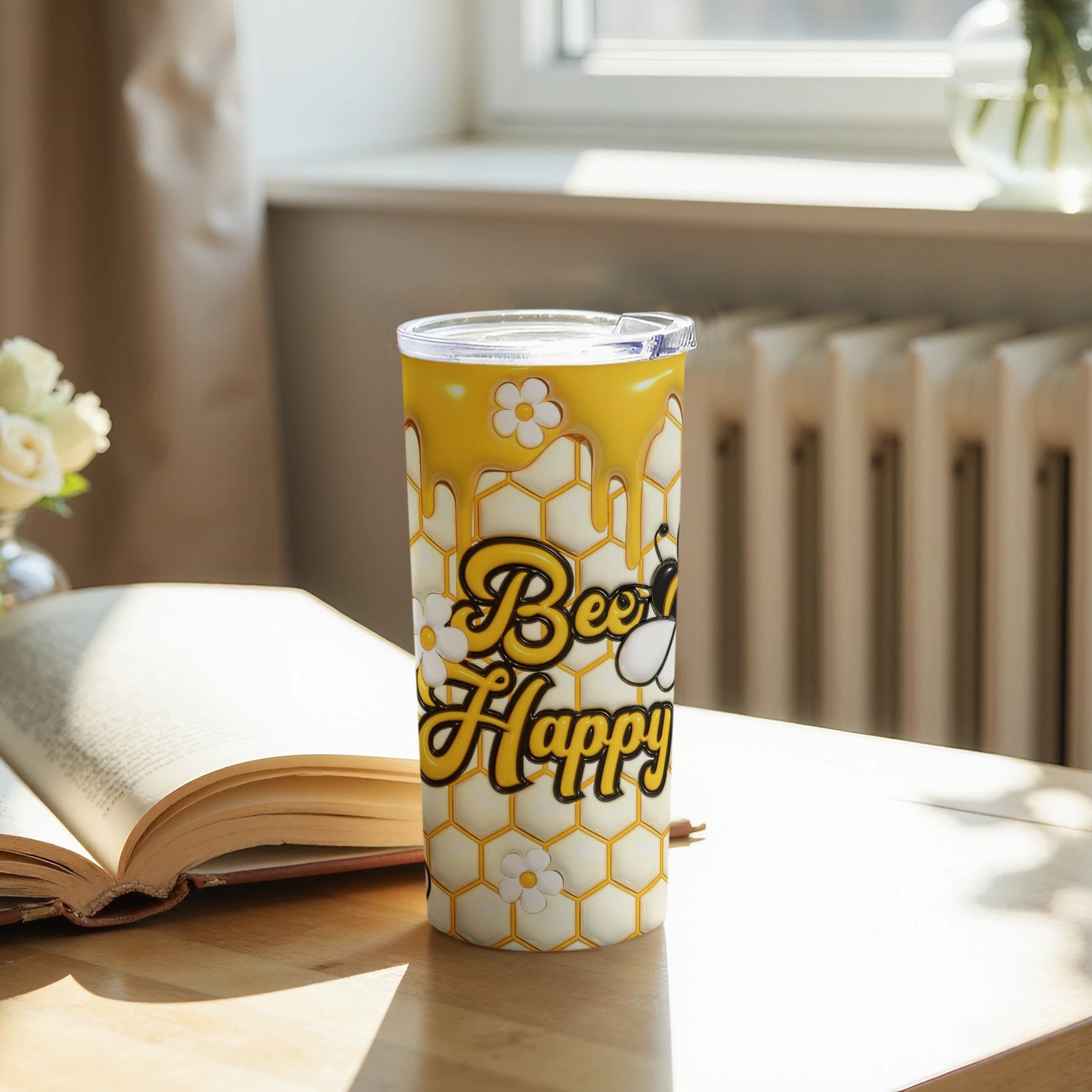 Bee Happy Tumbler with Honeycomb and Flowers Design