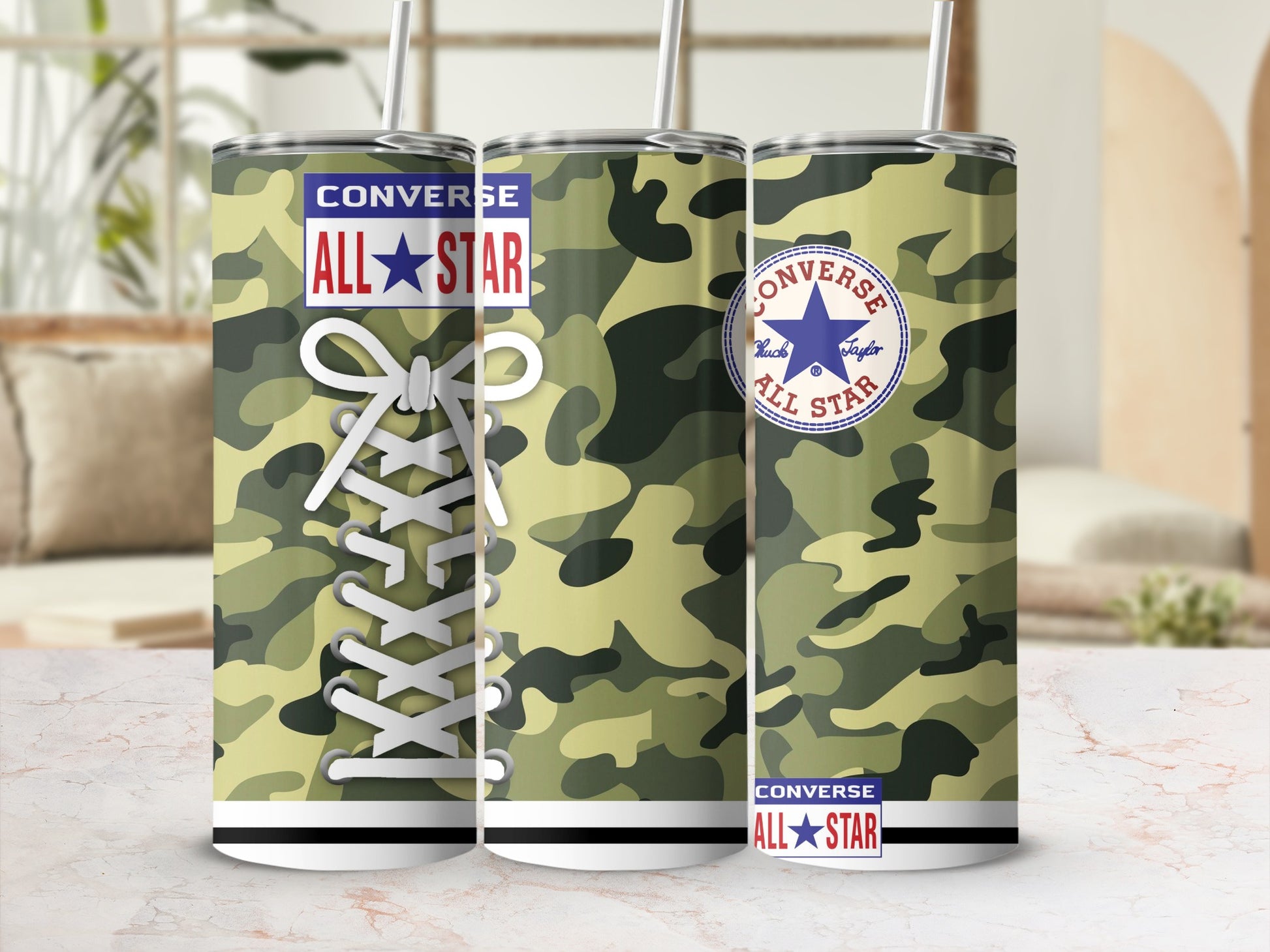 Converse All Star camouflage tumbler with shoelace design and logo.