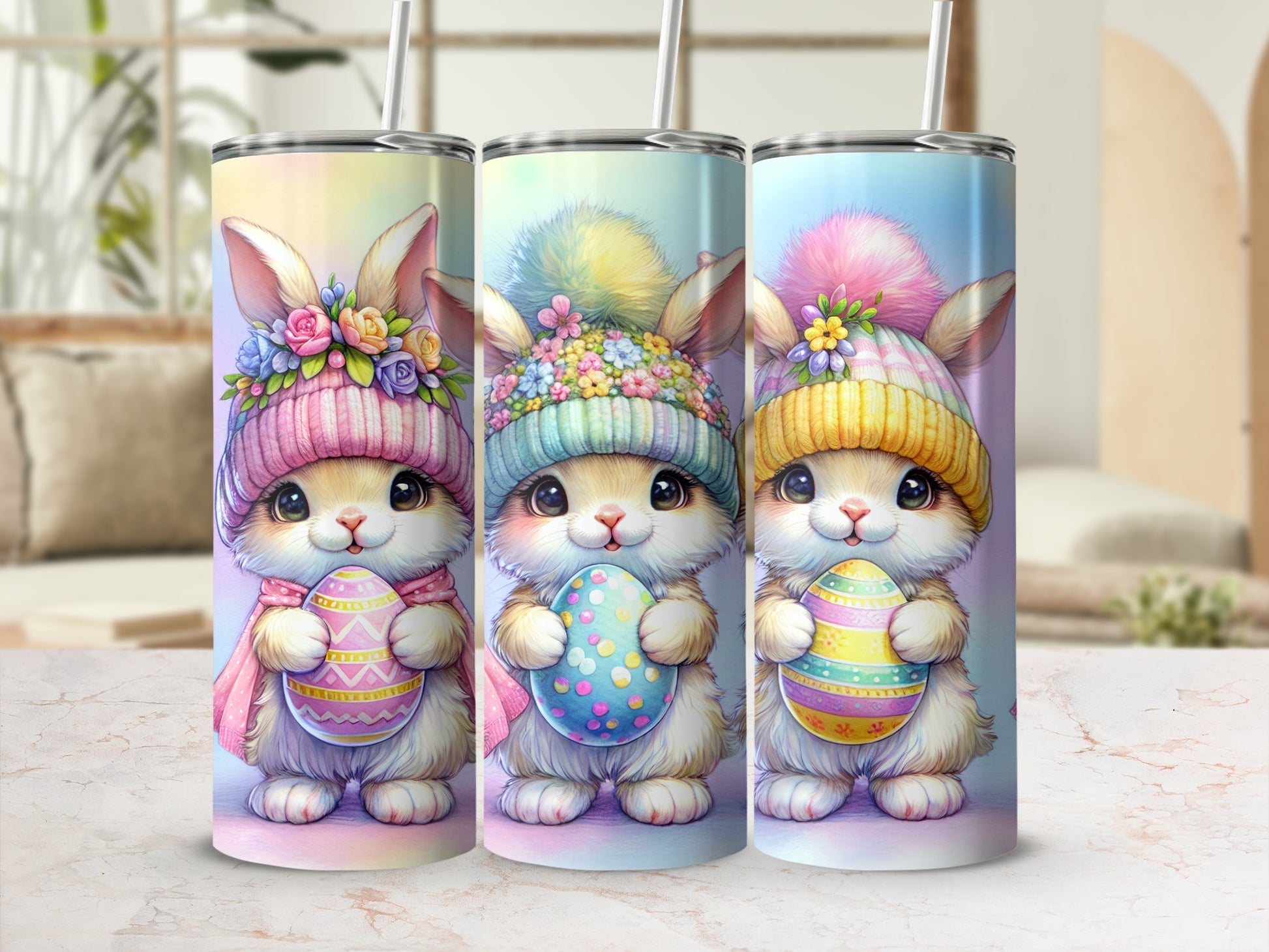 Three Easter bunnies with colorful eggs and hats.