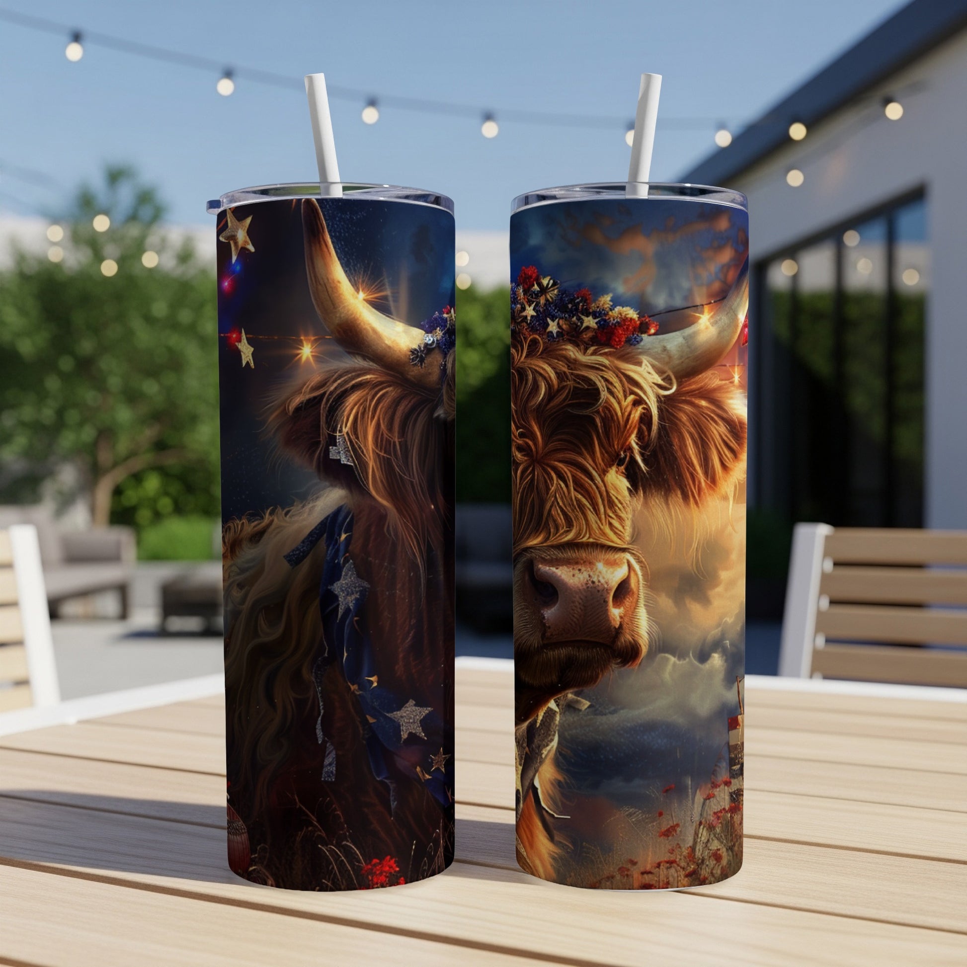 Highland cow with patriotic wreath and star-spangled ribbon on a tumbler.