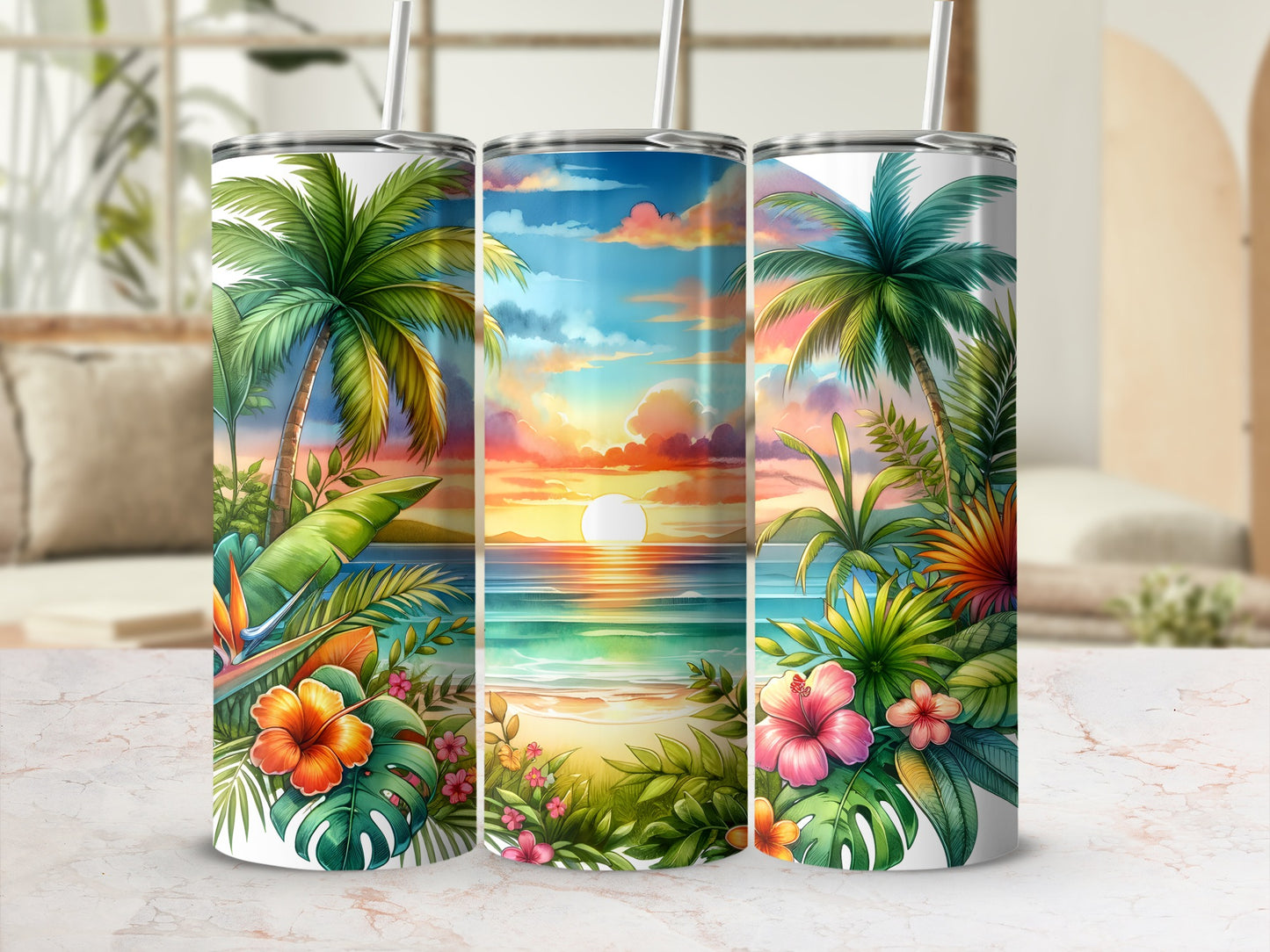 Three beach scene tumblers with palm trees and tropical flowers.