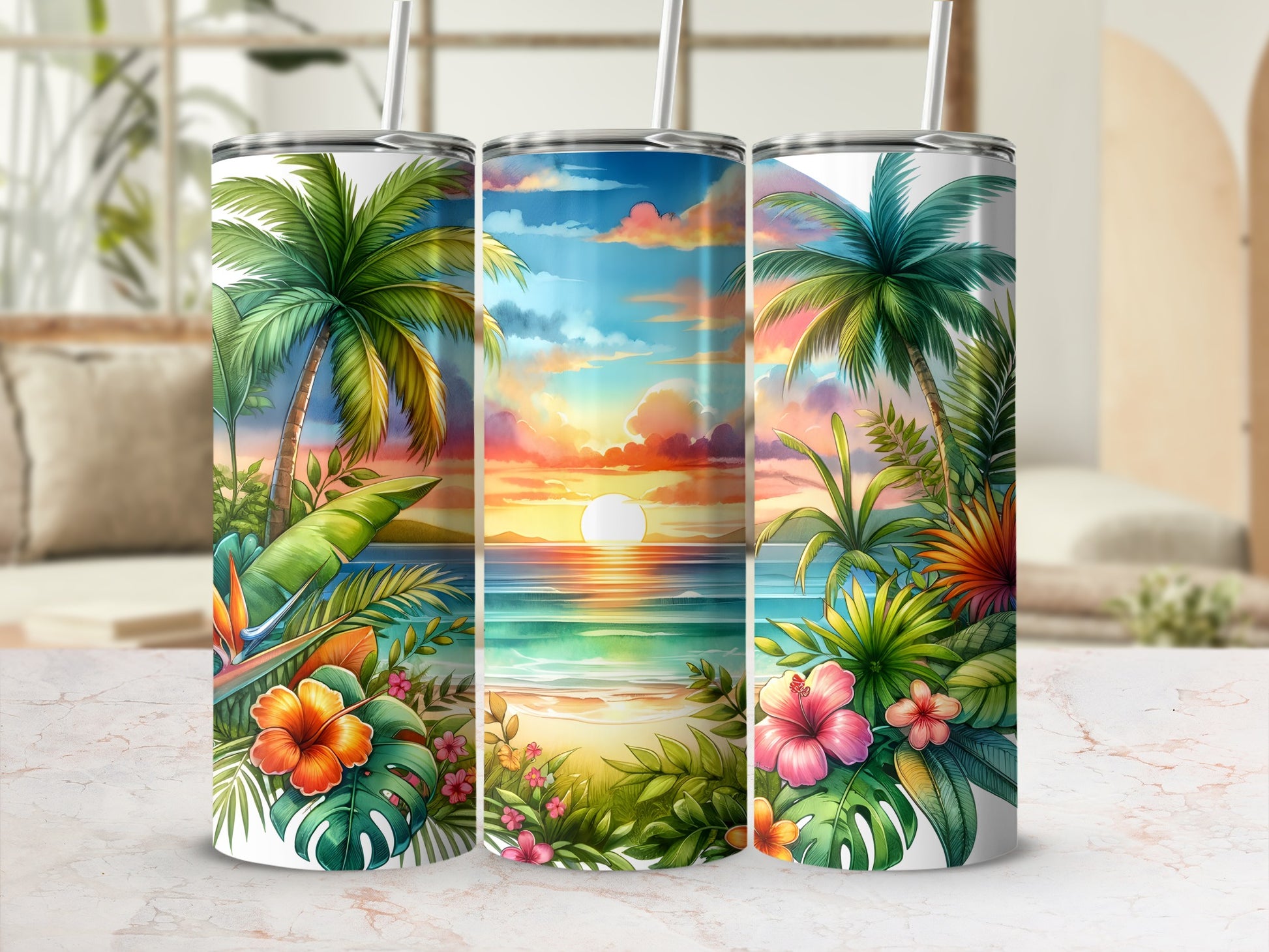 Three beach scene tumblers with palm trees and tropical flowers.
