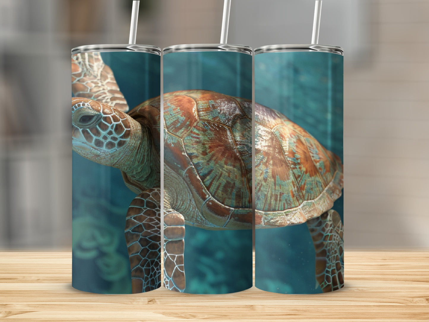 Sea turtle swimming underwater on a textured tumbler.