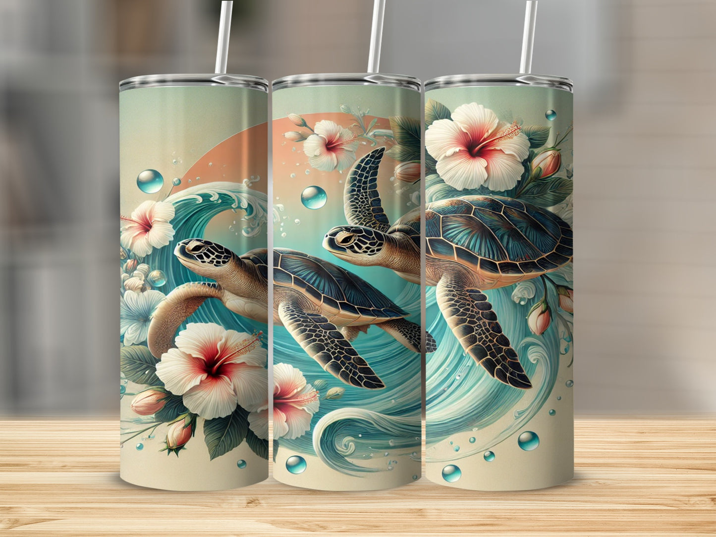Sea Turtle and Hibiscus Flowers Tumbler Cup