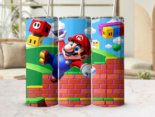 Mario jumping on brick platform with question mark blocks and Super Mario World background.