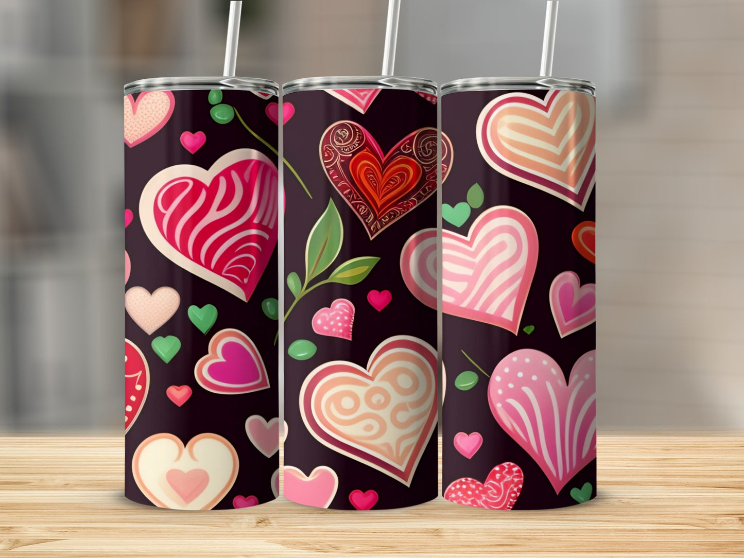Colorful Heart Pattern Tumbler with Straw