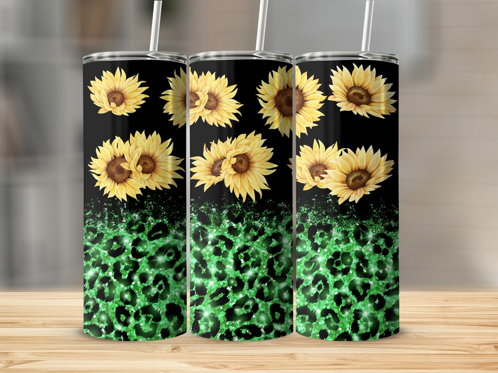 Black tumbler with sunflowers and green leopard print sparkle.