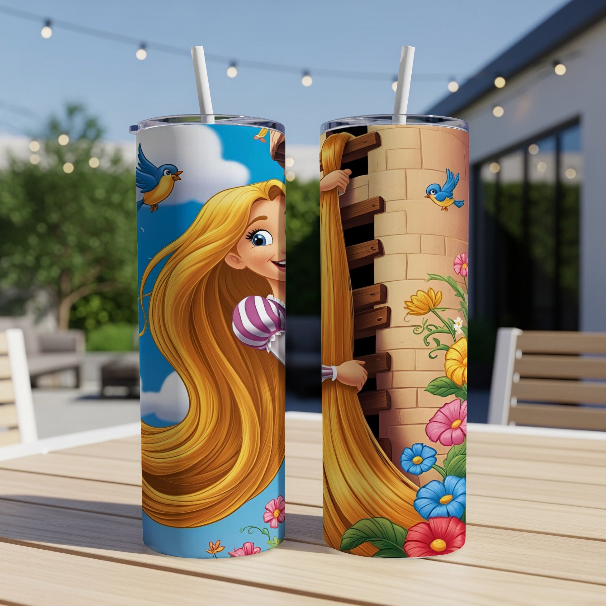 Rapunzel with long hair climbing down a tower, birds and flowers.