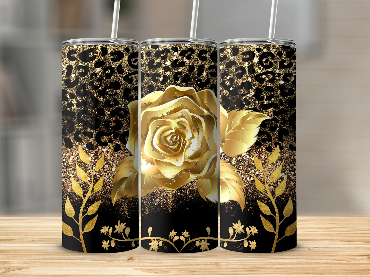 Elegant Golden Rose and Leopard Print Tumbler Product