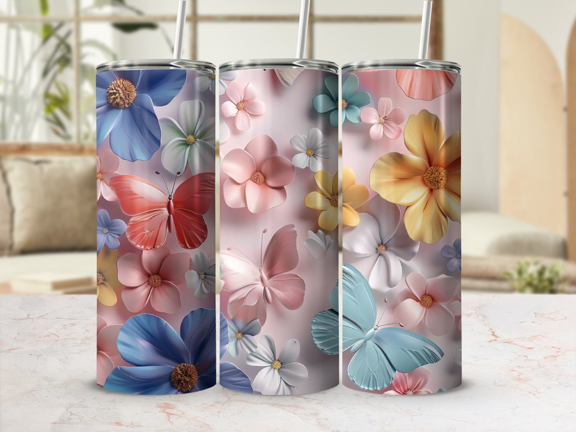 Tumbler with pastel butterflies and floral pattern.