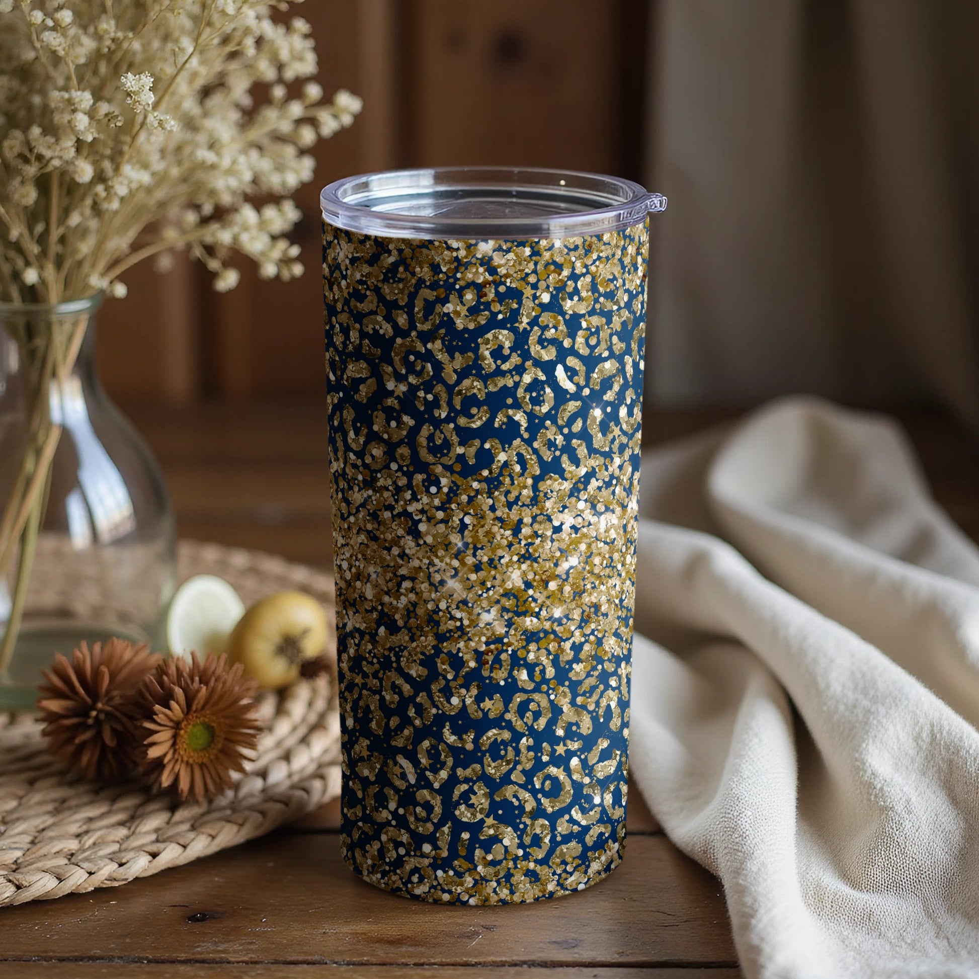 Gold and Blue Glitter Leopard Print Tumbler Cup