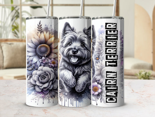 Cairn Terrier with sunflowers and roses on a tumbler.