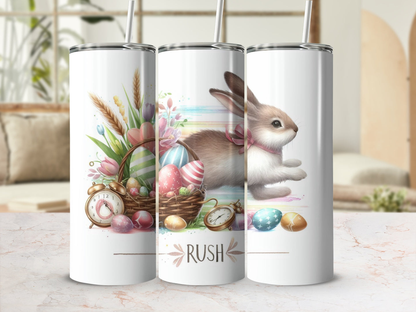 Easter bunny and basket with colorful eggs, clock, and "RUSH" text on a tumbler.