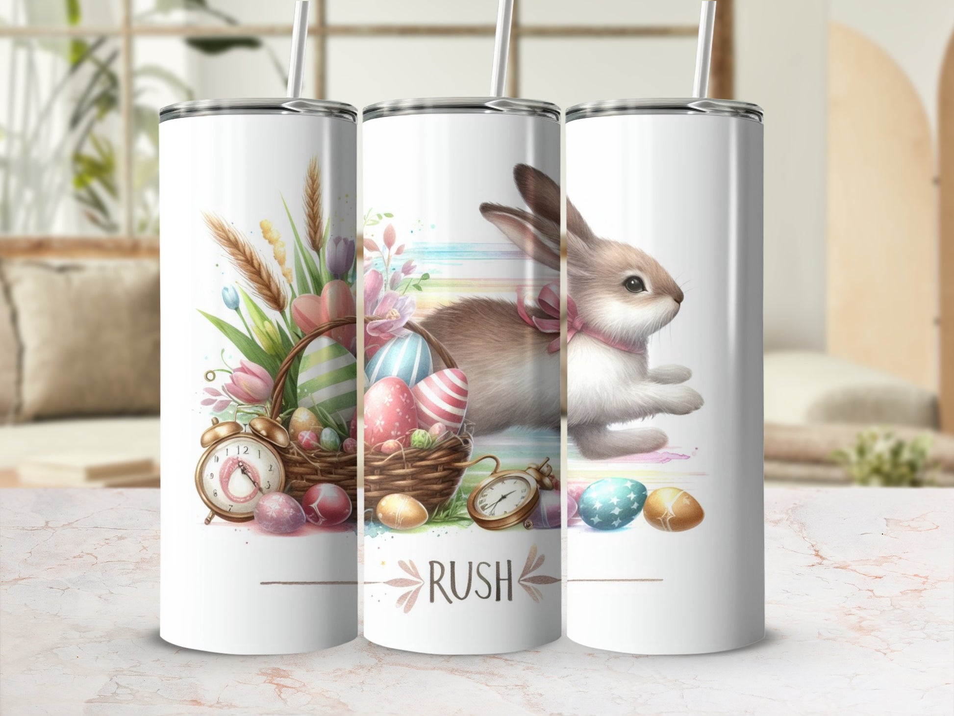 Easter bunny and basket with colorful eggs, clock, and "RUSH" text on a tumbler.