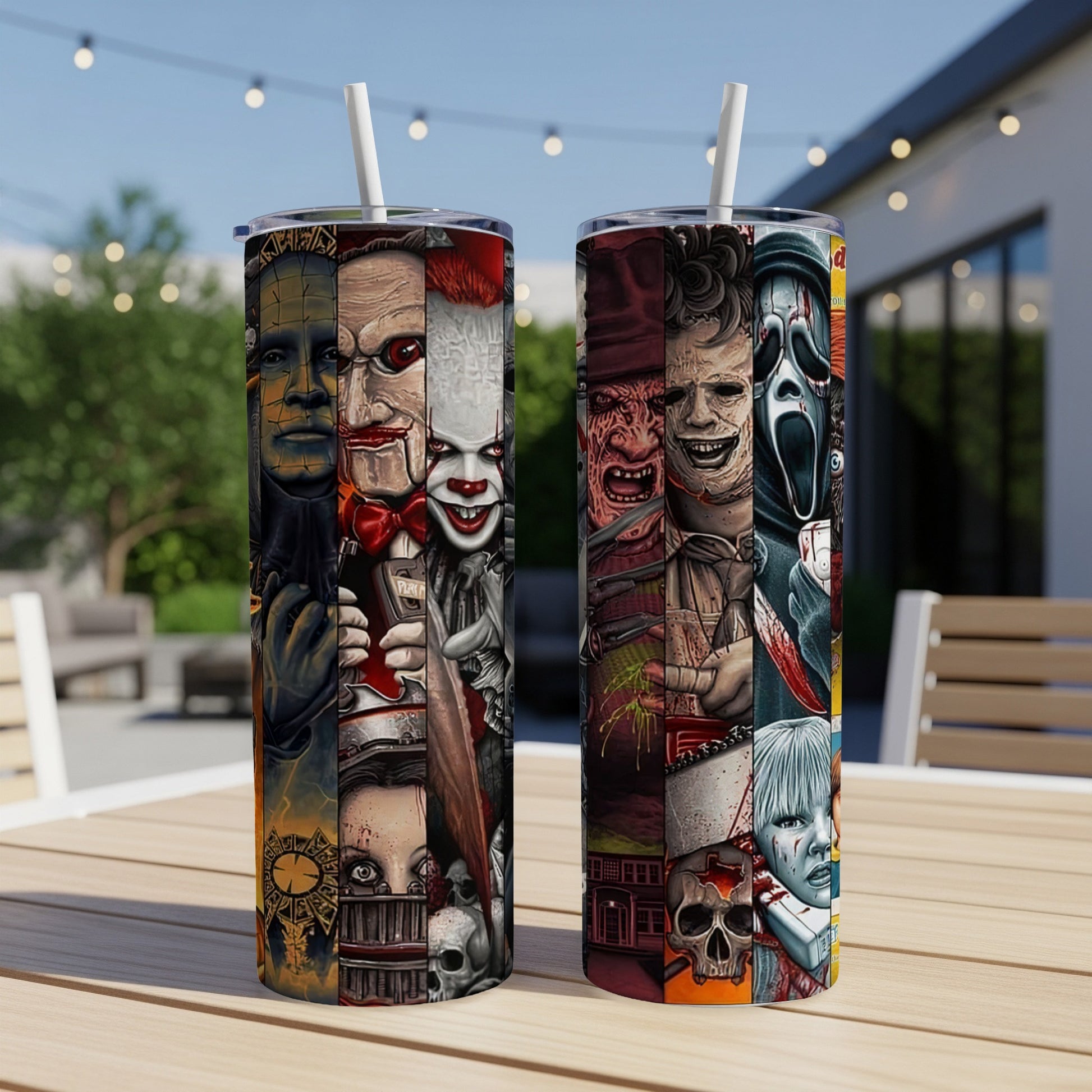 Two tumblers with horror character collage art, including Frankenstein, Jigsaw, Pennywise, and Ghostface.