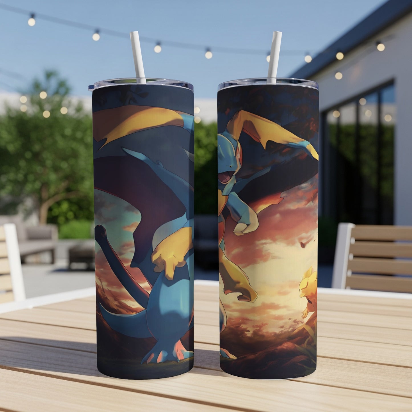 Dragon-like creature with wings and claws on a patterned tumbler.