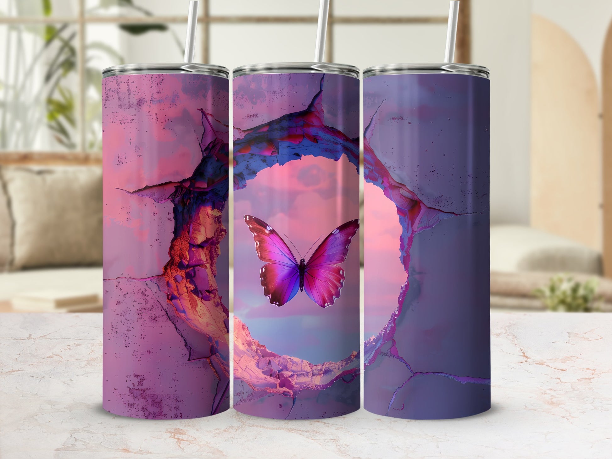 Pink butterfly emerging from cracked abstract background on three tumblers.