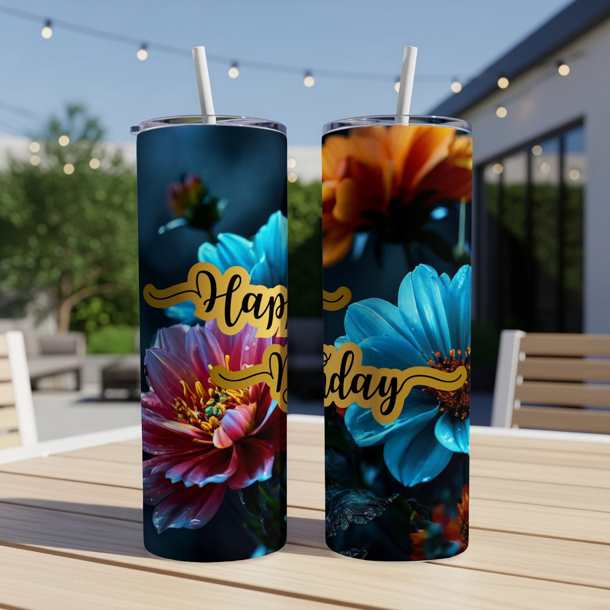 Two tumblers with "Happy Birthday" text and floral designs.