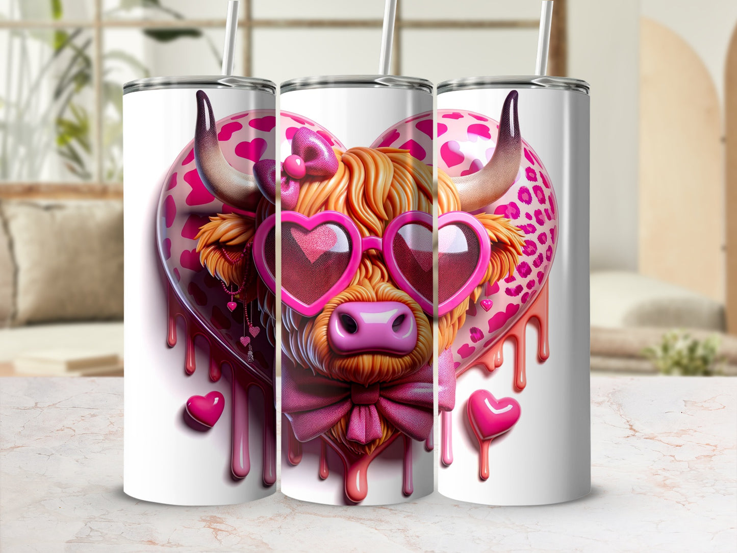Three tumblers featuring a Highland cow wearing heart-shaped sunglasses.
