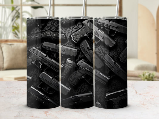 Black tumbler with an all-over pattern of handguns and ornamental scrollwork.
