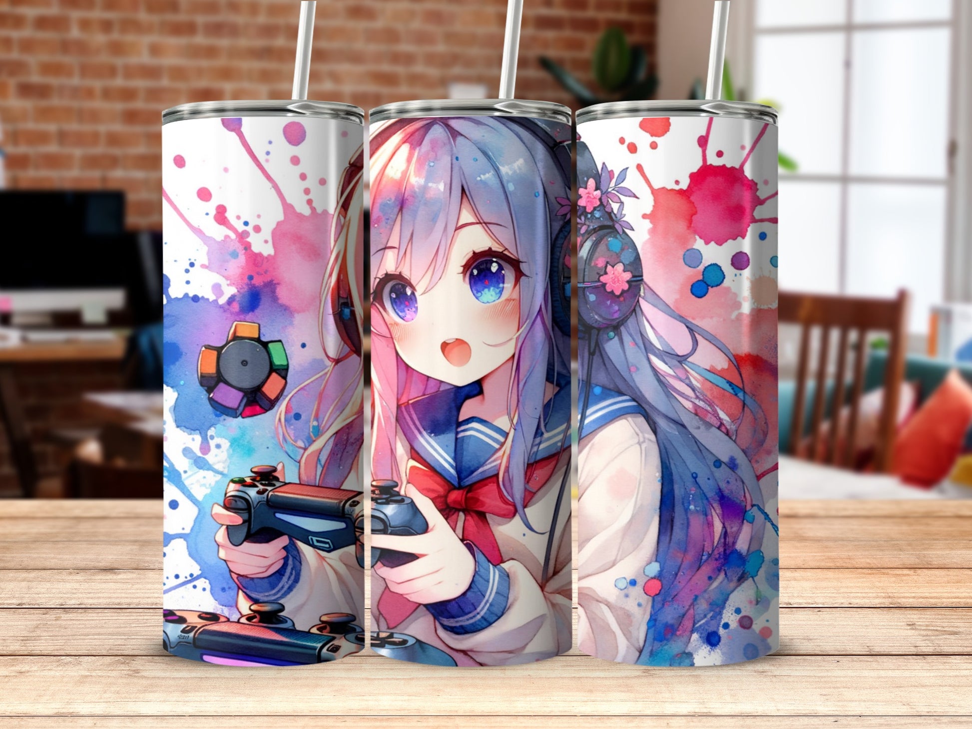 Anime Gamer Girl Art Tumbler with Colorful Splashes