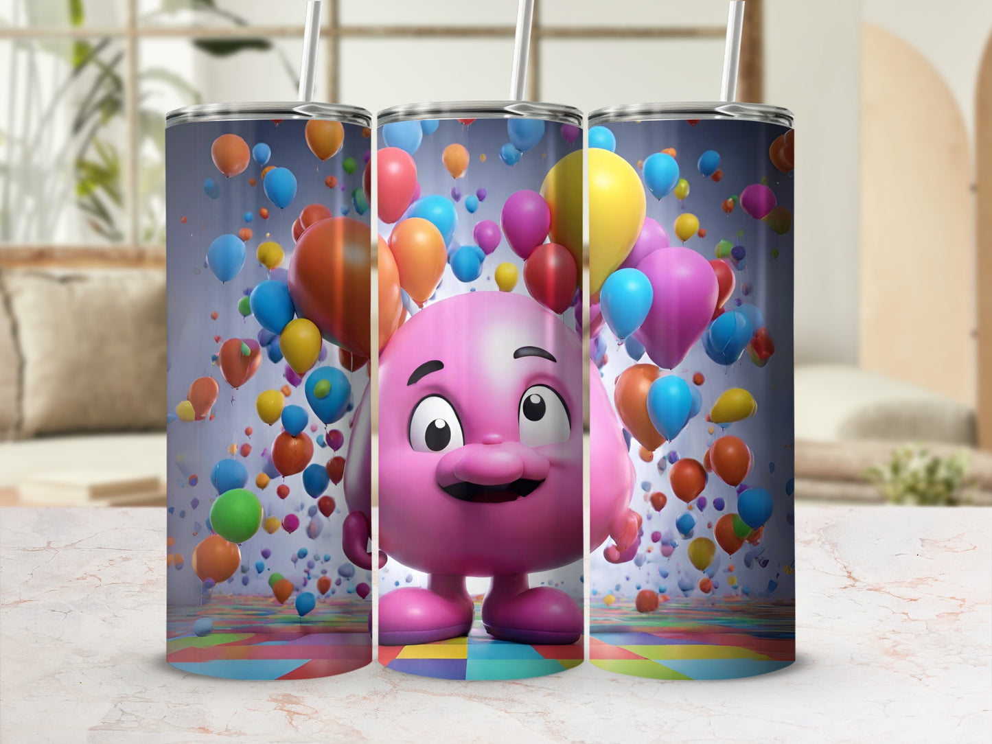 Pink Cartoon Character with Colorful Balloons Tumbler
