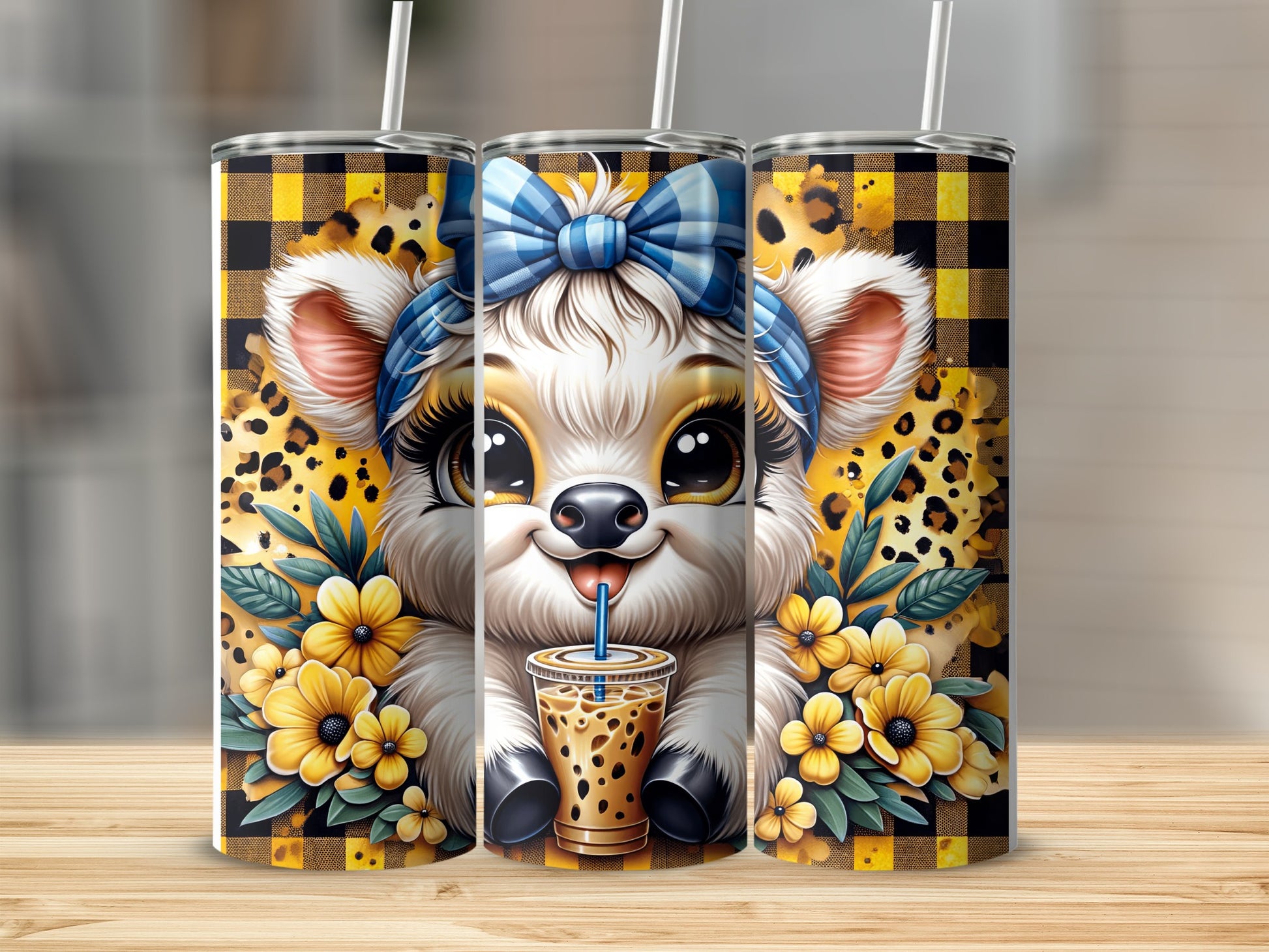 Cute cow with bandana and flowers on a tumbler.
