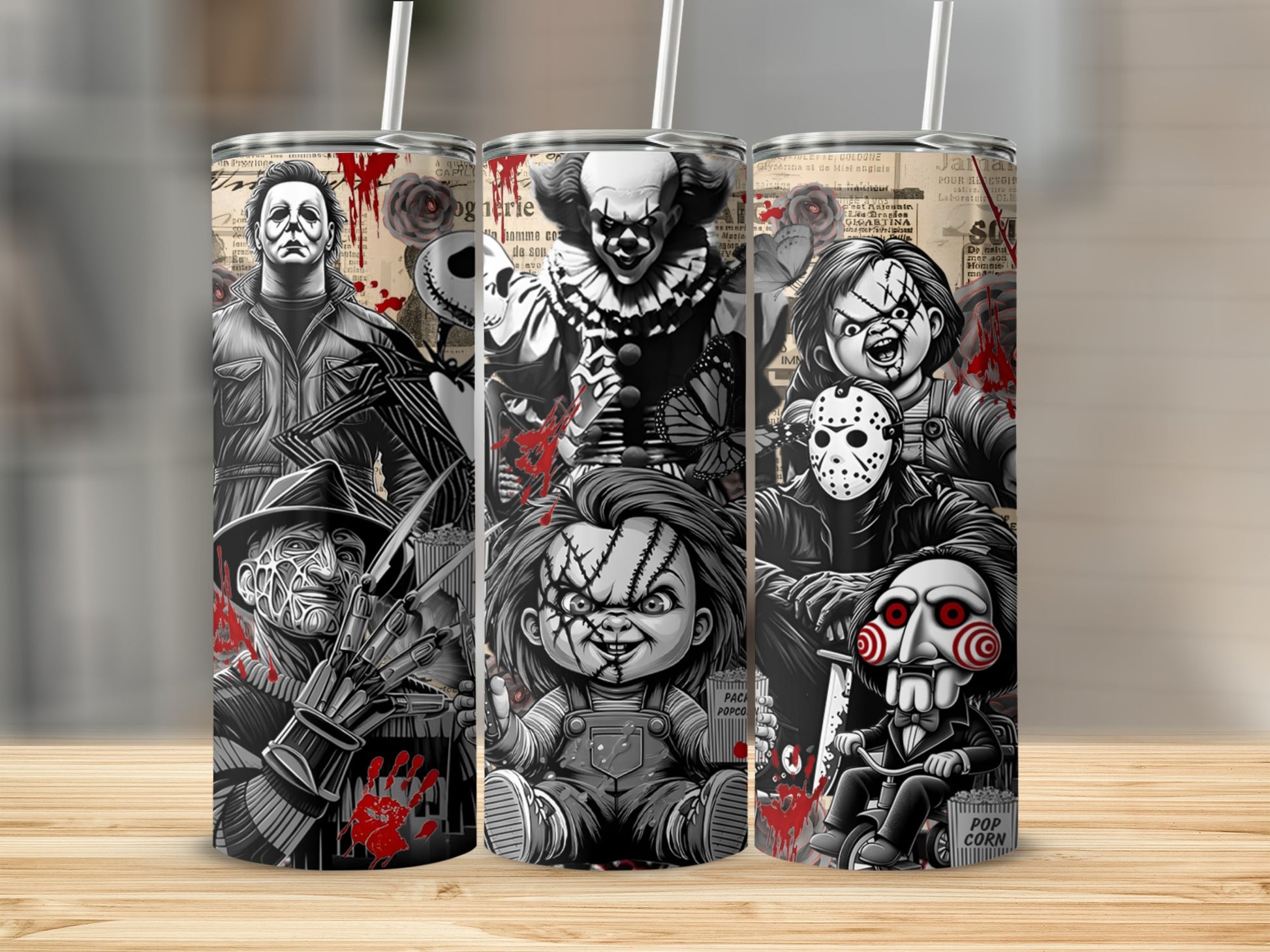 Horror movie characters on a tumbler with blood splatters and newspaper background.