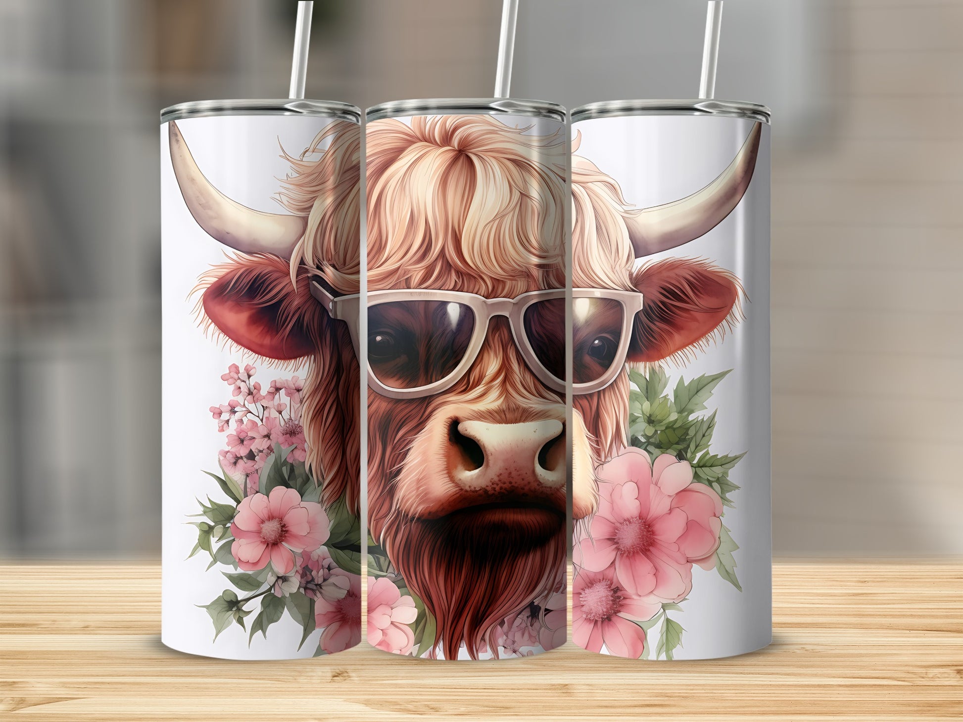 Highland cow wearing sunglasses with pink flowers and greenery.