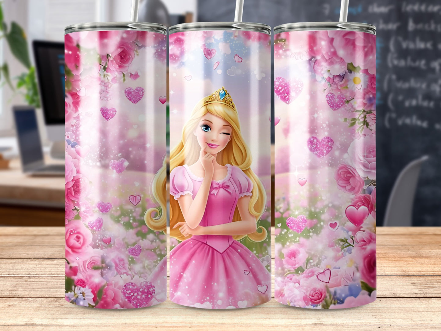 Pink Princess Hearts Flowers Scene Dreamy Design Tumblers