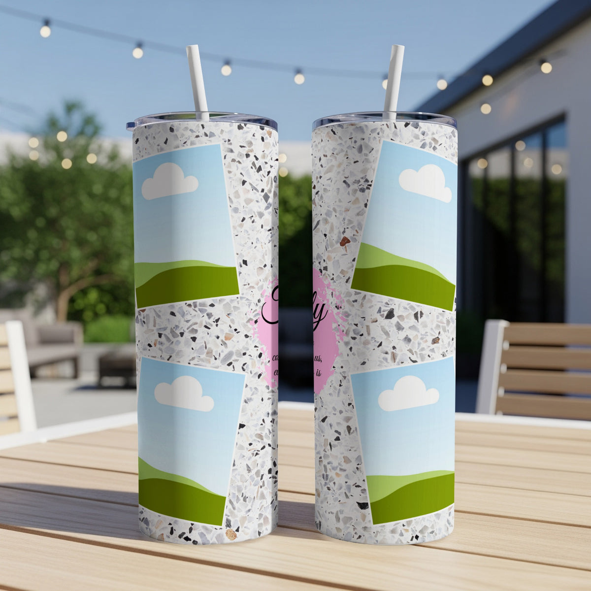 Two tumblers with terrazzo pattern, sky, and clouds, and text "Emily".