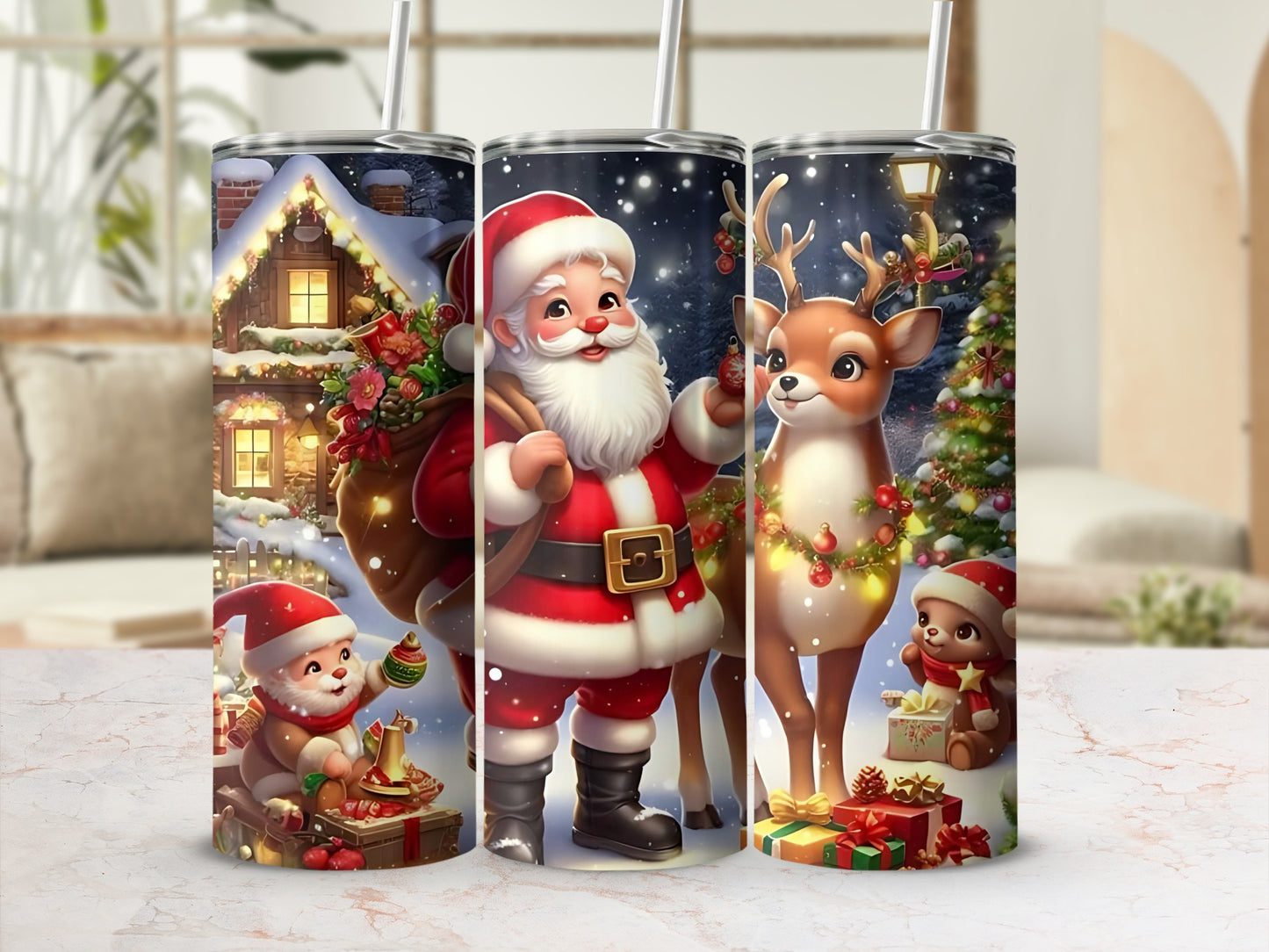 Festive Christmas Santa Claus and Reindeer Tumbler Design