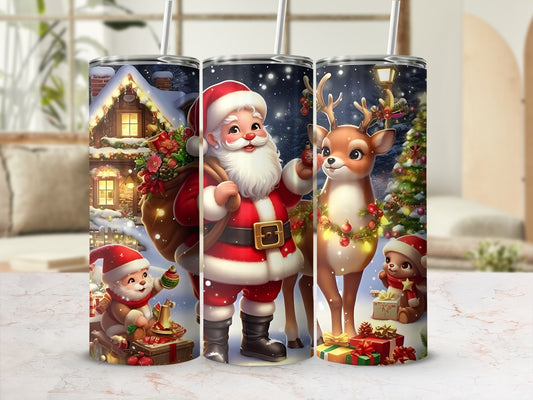 Festive Christmas Santa Claus and Reindeer Tumbler Design