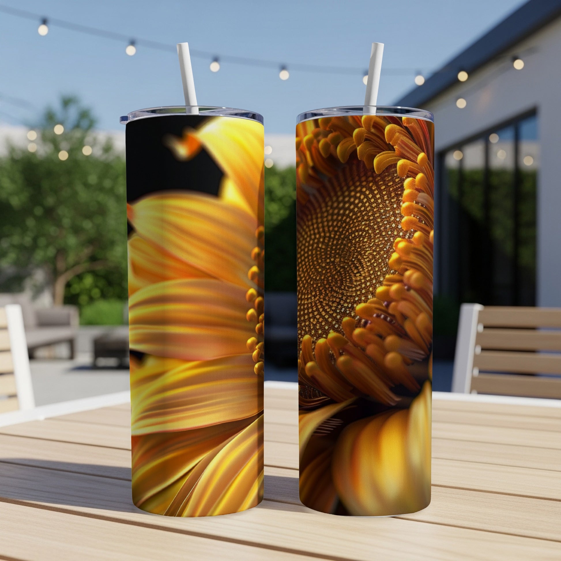 Two tumblers with close-up sunflower designs on an outdoor table.